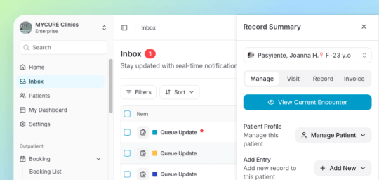 MYCURE clinic management dashboard showing patient management features